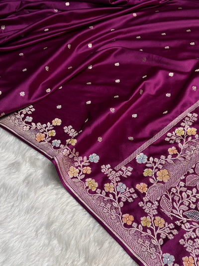 Wine Shades Minakari Floral Border Booti Mashru Silk Saree MCS75