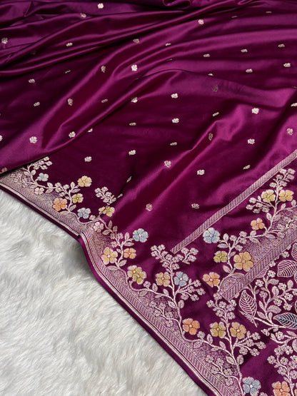 Wine Shades Minakari Floral Border Booti Mashru Silk Saree MS75