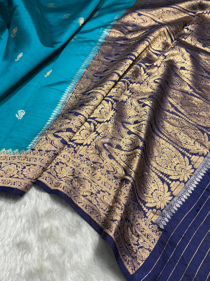 Contrast Firozi With Purple Shades Boota Handwoven Pure Raw Mango Silk RM-07