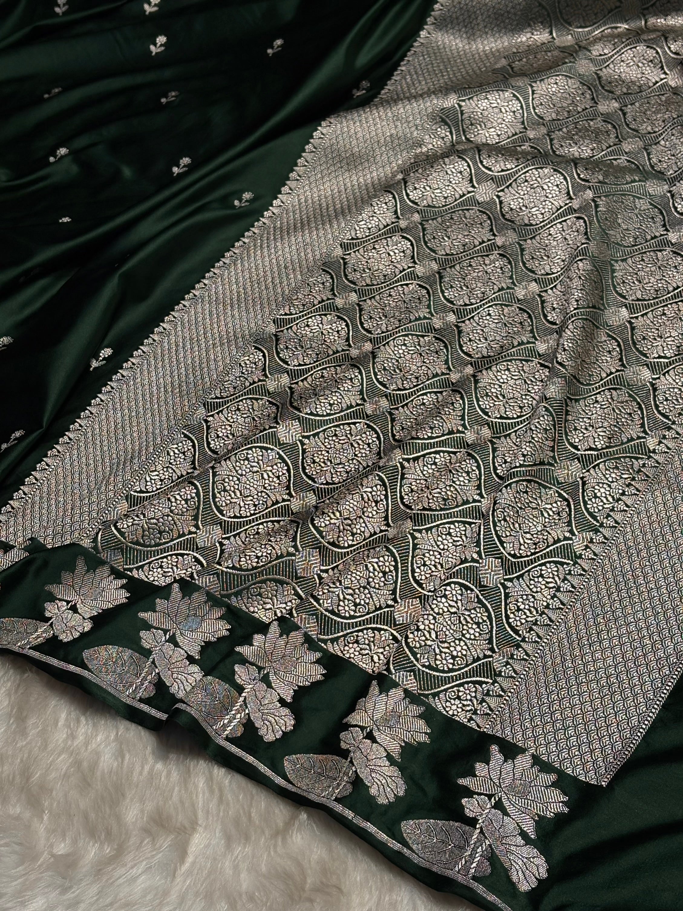 Dark Bottle Green Booti Motif Mashru Silk Saree