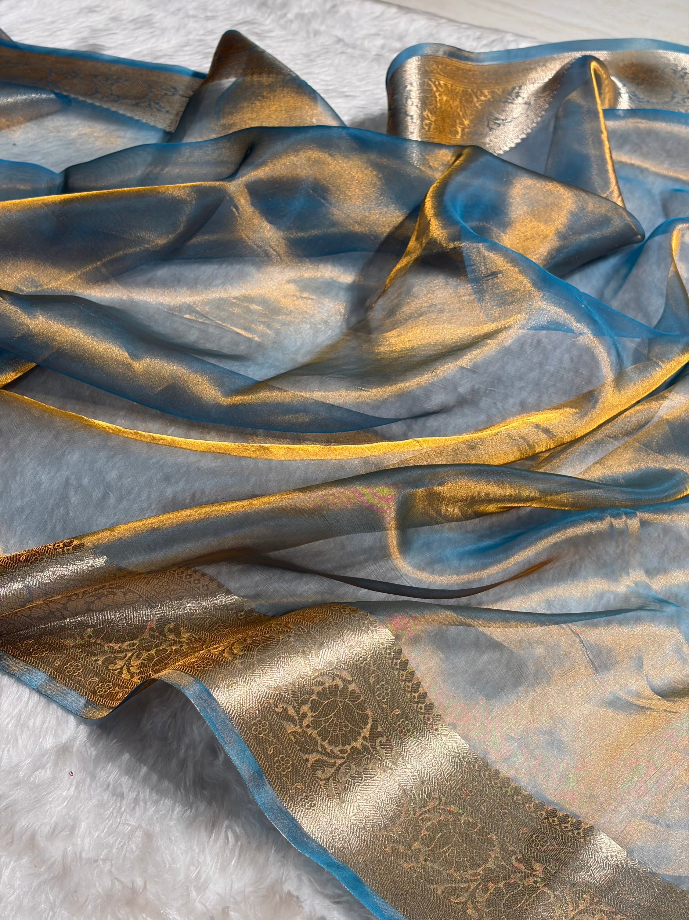 Goldish Firozi Shades Banarasi Pure Tissue Silk Saree with Brocade Blouse PT-18