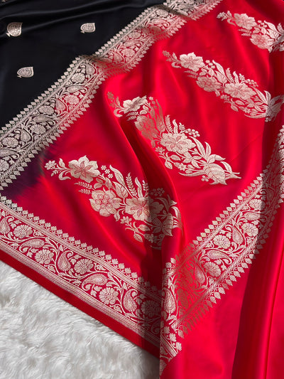 Contrast Banarasi Satin Katan Saree Booti Pattern in Dark Navy / Red Shades SK140