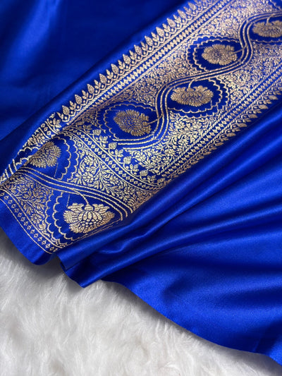 Royal Blue Floral Cross Pattern Satin Katan Silk Saree SK74