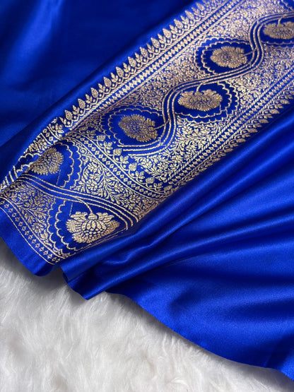 Royal Blue Floral Cross Pattern Satin Katan Silk Saree SK74