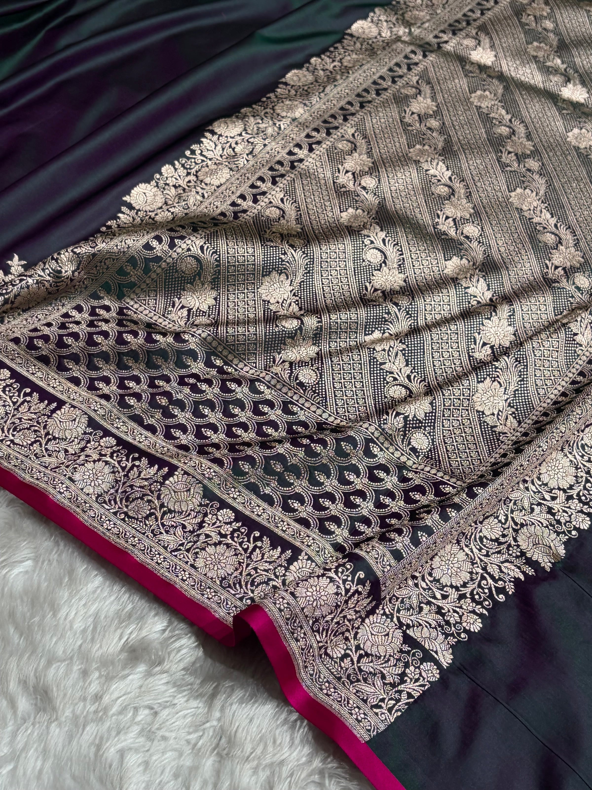 Cross Peacock Shade With Booti Pattern Mashru Silk Saree