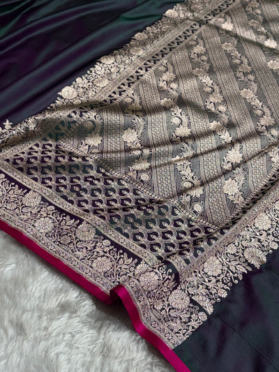 Cross Peacock Shade With Booti Pattern Mashru Silk Saree