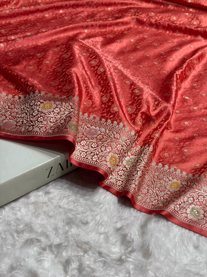 Strawberry Shades Booti Minakari Tanchoi Mashru Silk Saree MS49