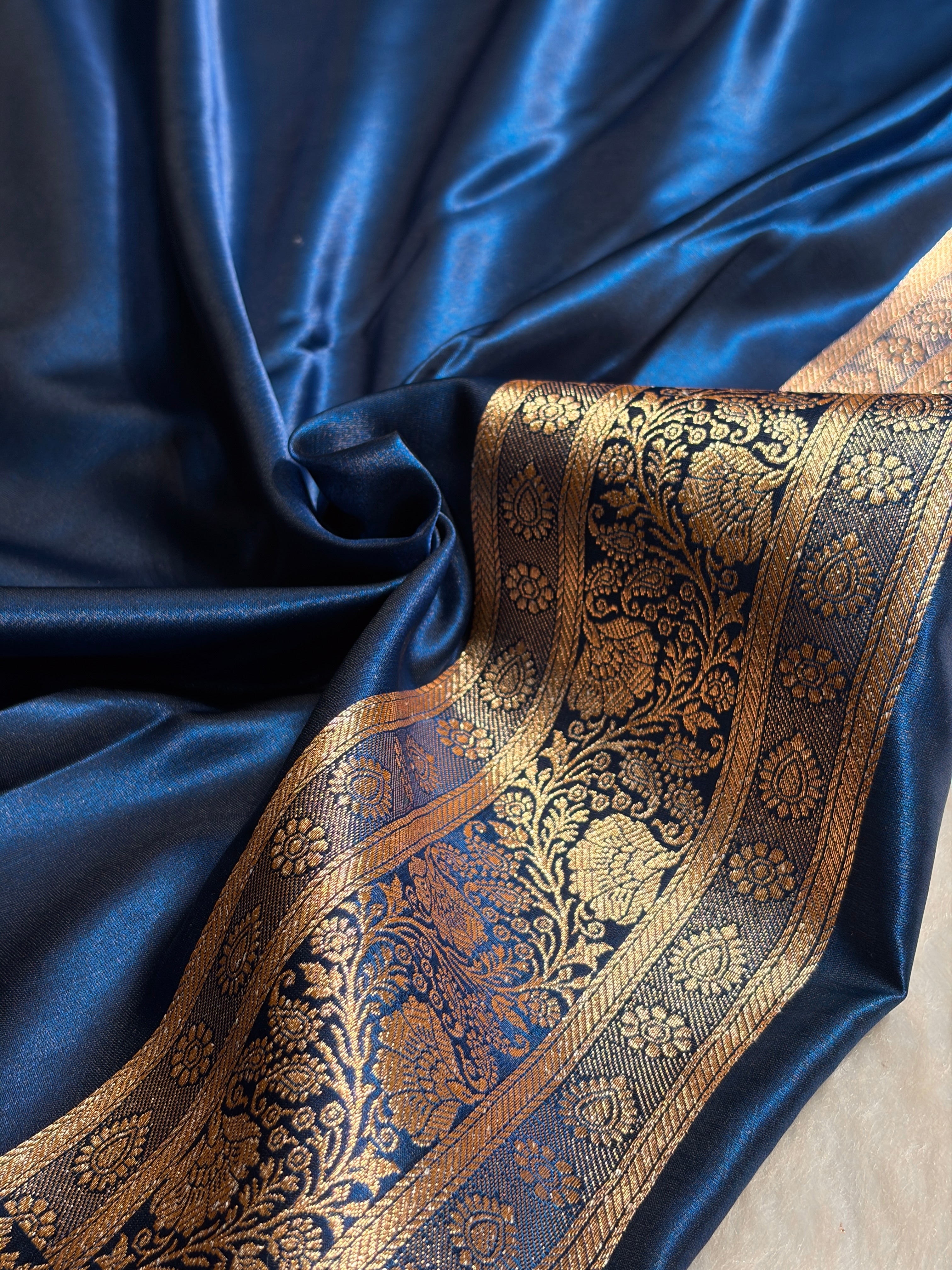 Satin Silk Saree Floral Boota in German Blue Shades SS27