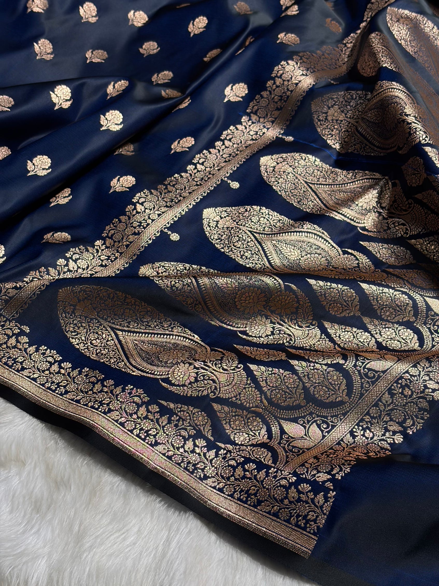 Navy Blue Floral Booti Katan Silk Saree SK23
