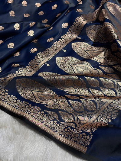 Navy Blue Floral Booti Katan Silk Saree SK23