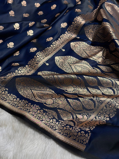 Navy Blue Floral Booti Katan Silk Saree SK23