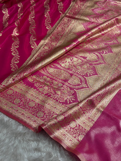 Pink Contrast Shades Cross Pattern Banarasi Satin Silk Saree SS39