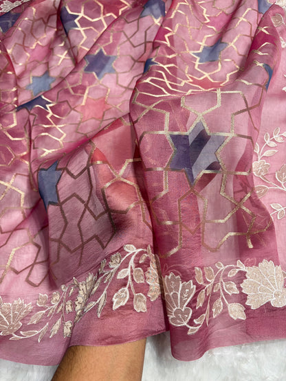 Pure Organza Rangkat Rani Floral Border Banarasi Silk Saree PO-08