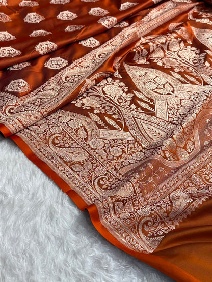 Rust Shades Banarasi Boota Pattern Floral Mashru Silk Saree MSM-104