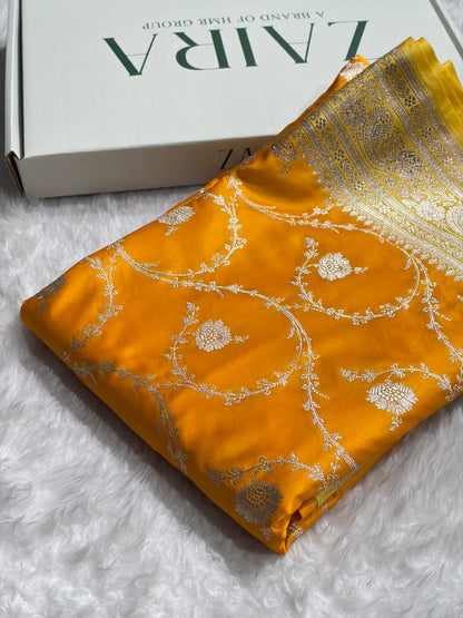 Banarasi Mustard With Lemon Contrast Shades Jaal Mashru Silk Saree MS44