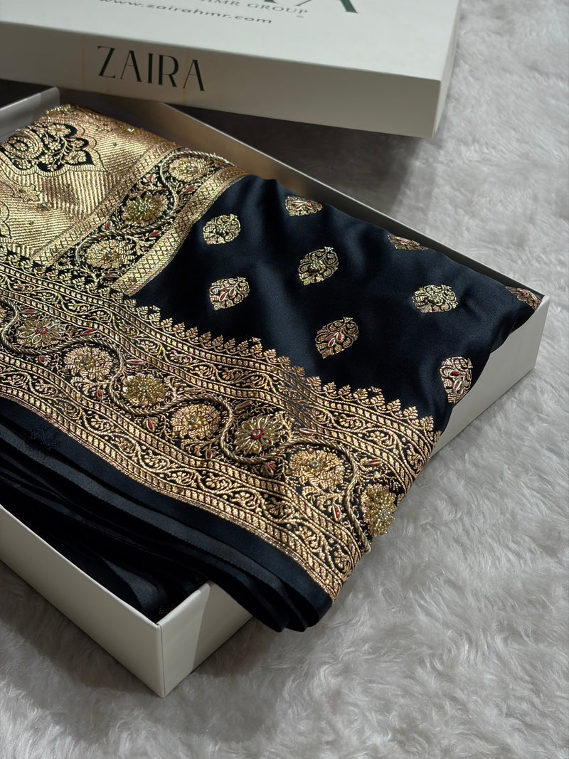 Banarasi Boota Katan Silk Saree In Black Shades With Ari Zardozi Work BSK02