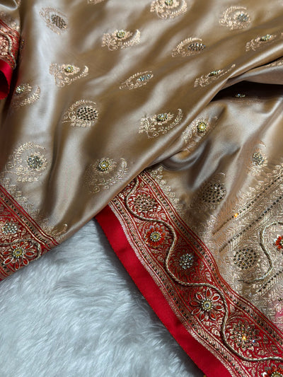 Mustard with Red Boota With Swarovski & Zardozi Work Satin Katan Silk saree BSK27