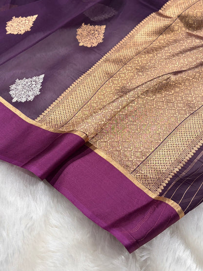 Pure Banarasi Organza Purple Wine Shades With Floral Banarasi Silk Saree PO-29