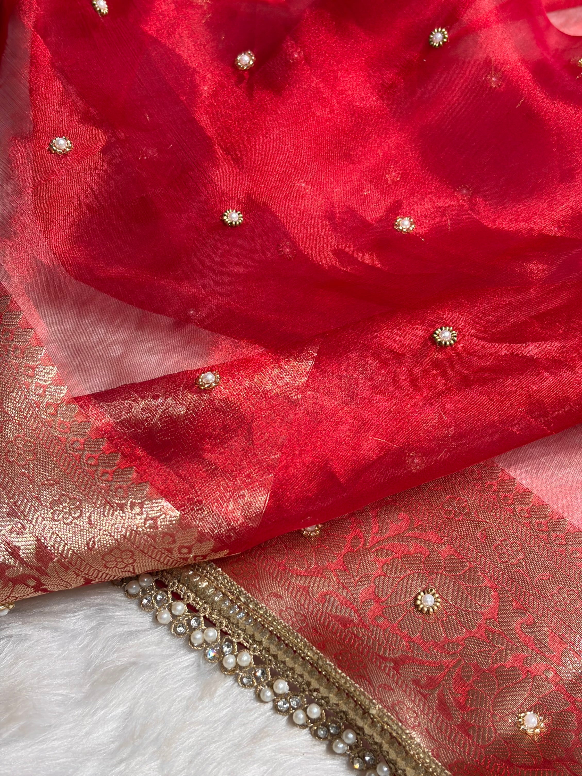 Red Shade Pure Tissue Silk Saree with Gota Patti PTGP-17