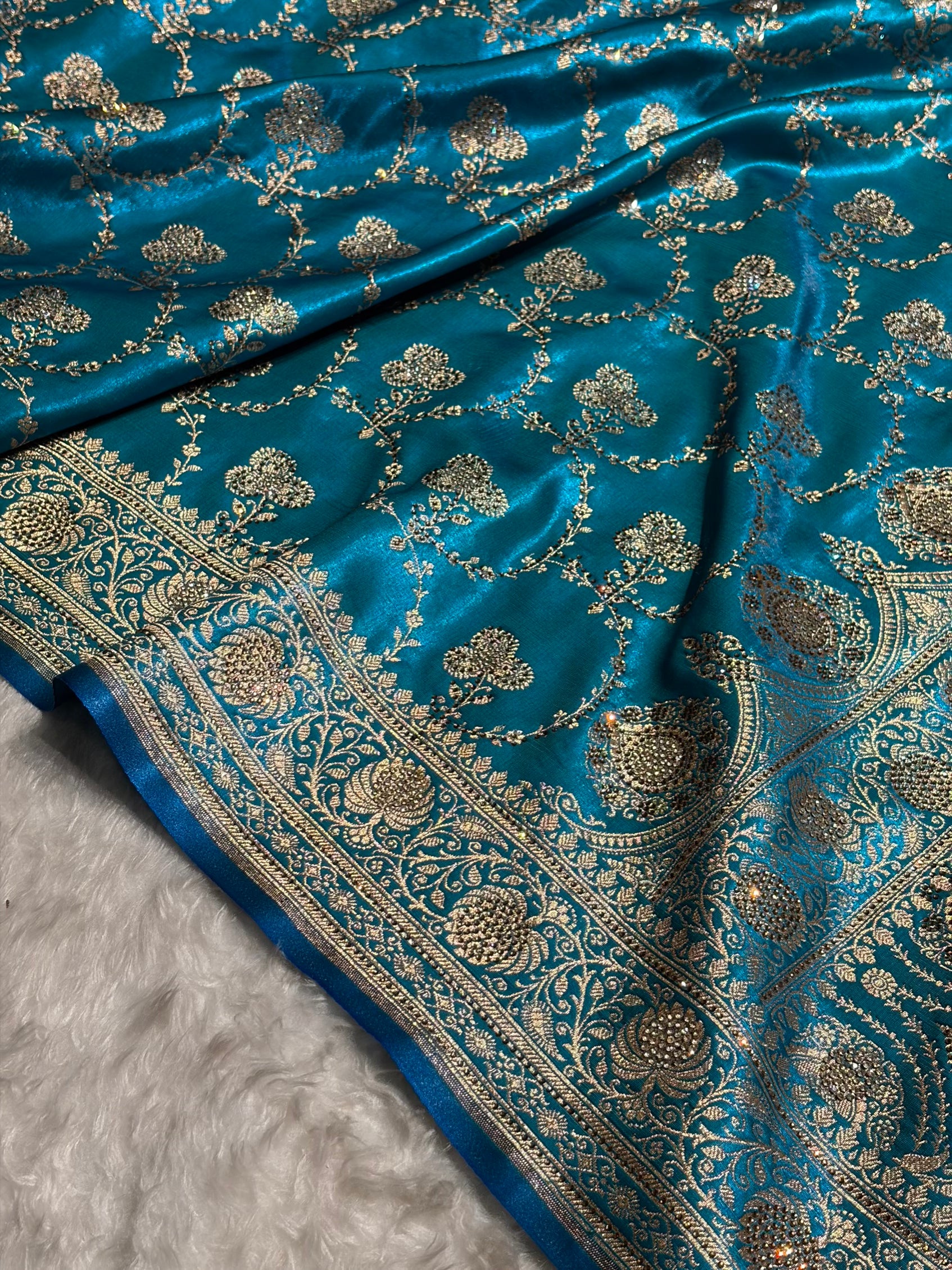 Satin Silk Saree Banarasi Swarovski Work Jaal in Firozi Shades BSS23 (R)