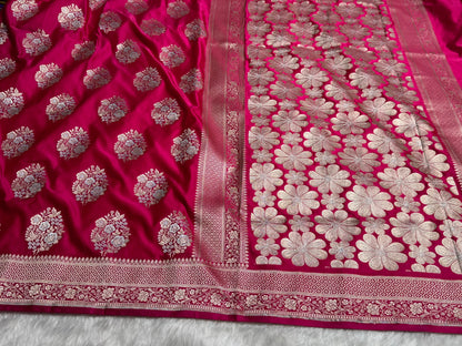 Premium Banarasi Satin Katan Saree With Minakari Boota in Rani Shades SK93