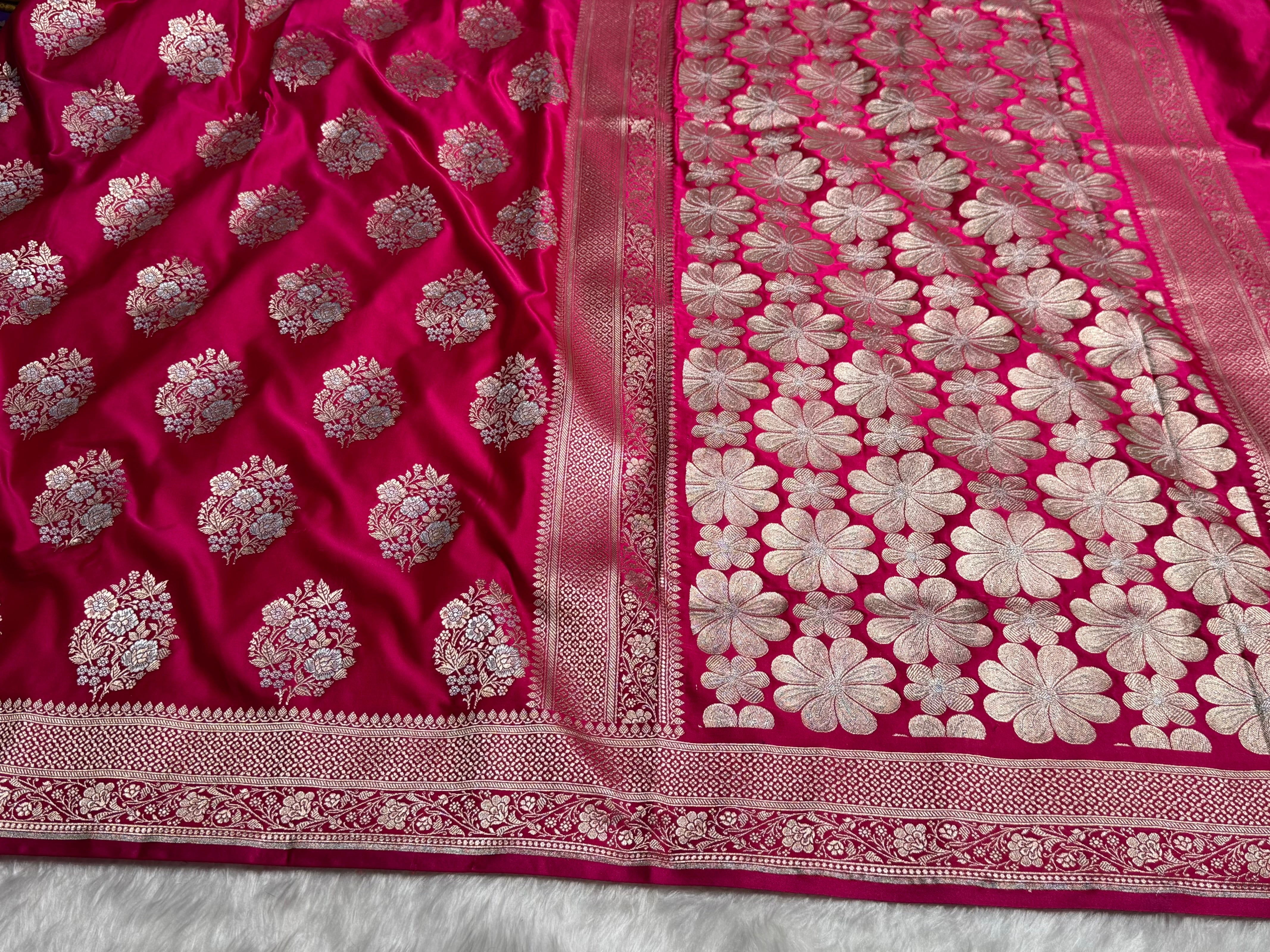 Premium Banarasi Satin Katan Saree With Minakari Boota in Rani Shades SK93