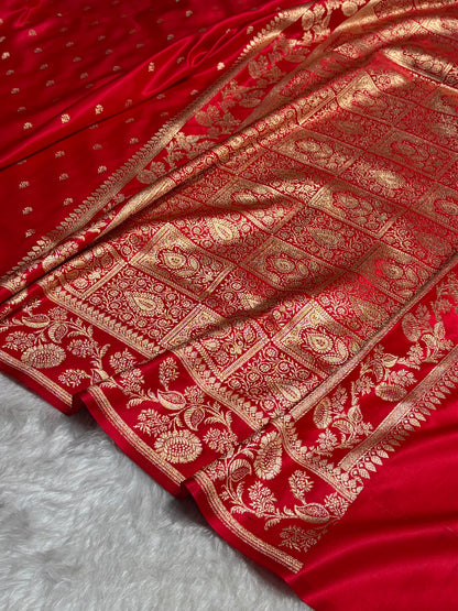Red Floral Pattern Satin Katan Silk Saree SK77