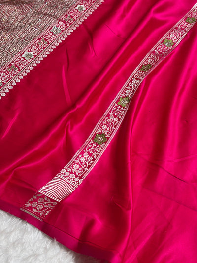 Premium Banarasi Satin Katan Saree Swarovski Work Minakari Booti Pattern in Rani Shades BSK04