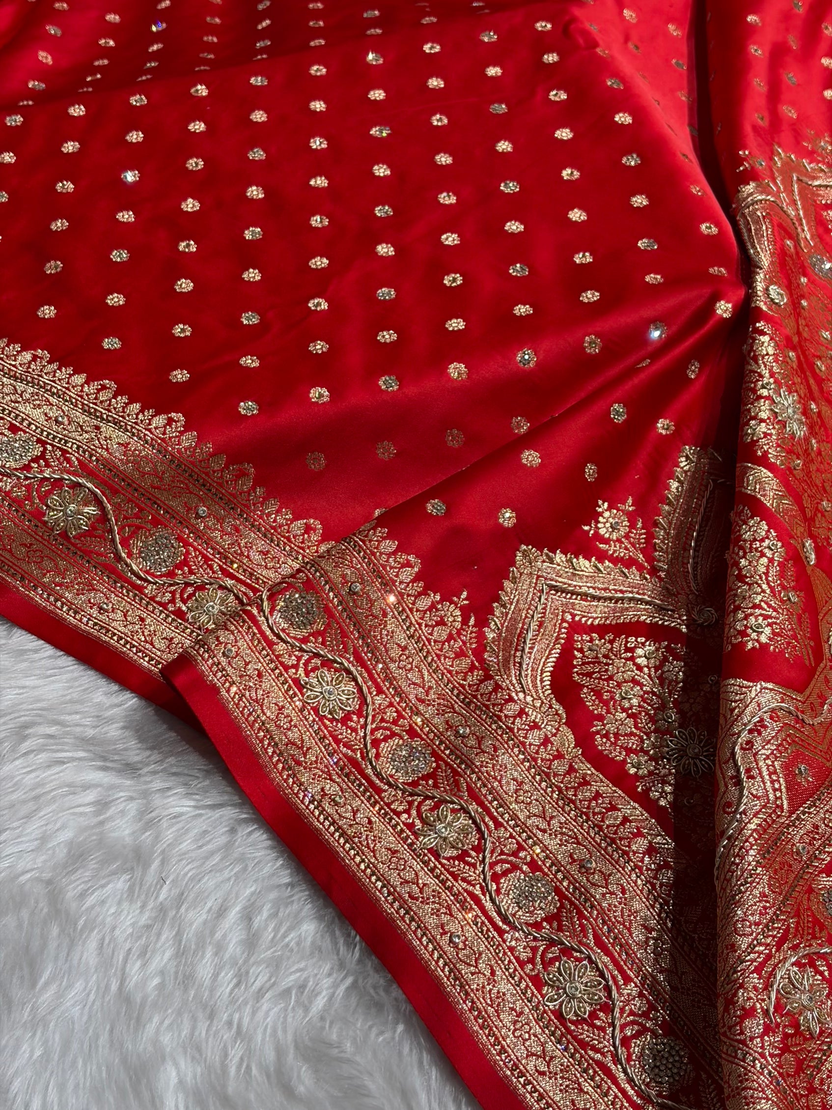 Banarasi Red Katan Silk Saree With Ari Zardozi and Swarovski stone work BSK01