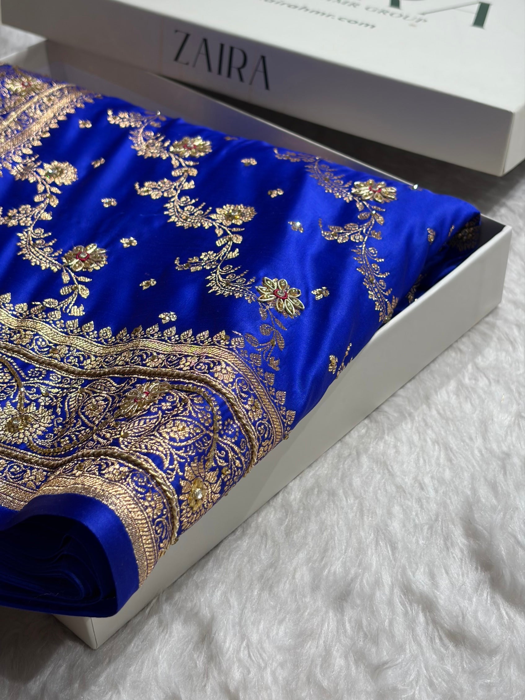 Banarasi Satin Katan Saree With Ari Zardozi Work Jaal Pattern in Royal Blue Shades BSK121