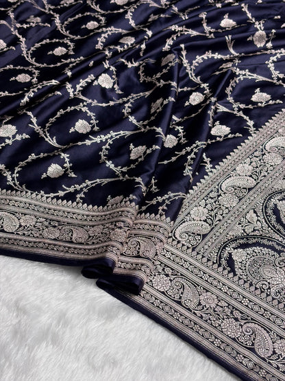 Banarasi Navy Blue Shades Jaal Mashru Silk Saree