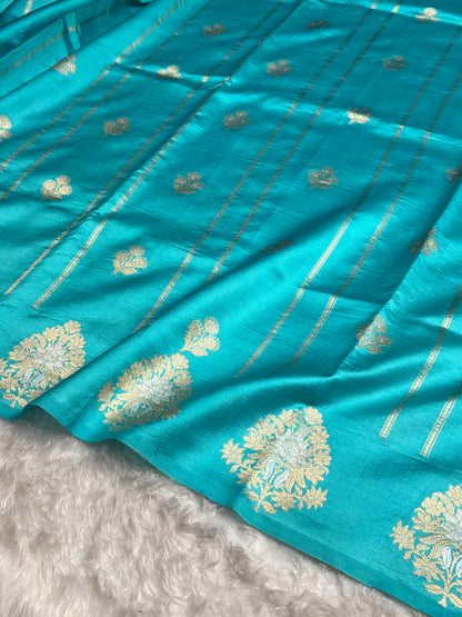 Powder Blue Shades Banarasi Handwoven Pure Paper Katan Silk  RM-66