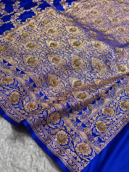 Royal Blue Floral Jaal Pattern Satin Katan Silk Saree BSK43