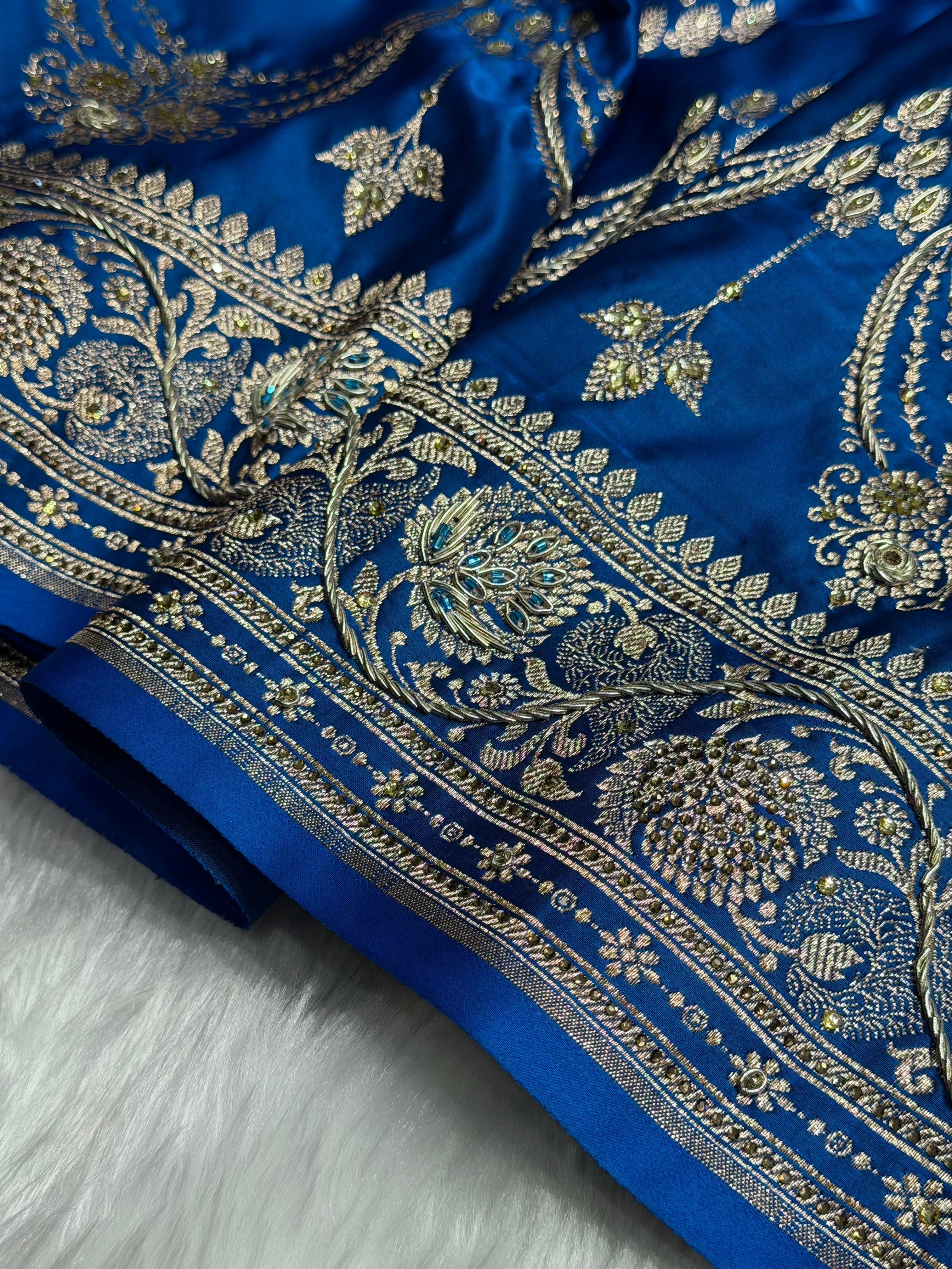 Cross Blue Floral Boota Pattern With Zardozi Stone Work Satin Katan Silk saree BSK34