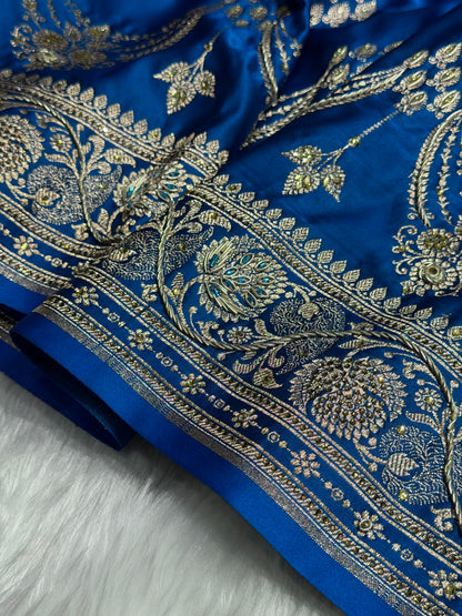 Cross Blue Floral Boota Pattern With Zardozi Stone Work Satin Katan Silk saree BSK34