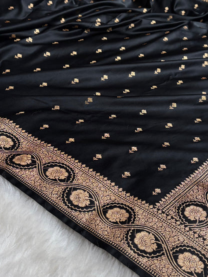 Banarasi Black Booti Pattern Satin Katan Silk Saree SK54