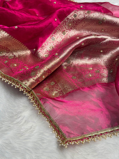 Rani Pink Shades Pure Tissue Silk With Banarasi Swarovski Work Saree with Brocade Blouse BPGPT-08