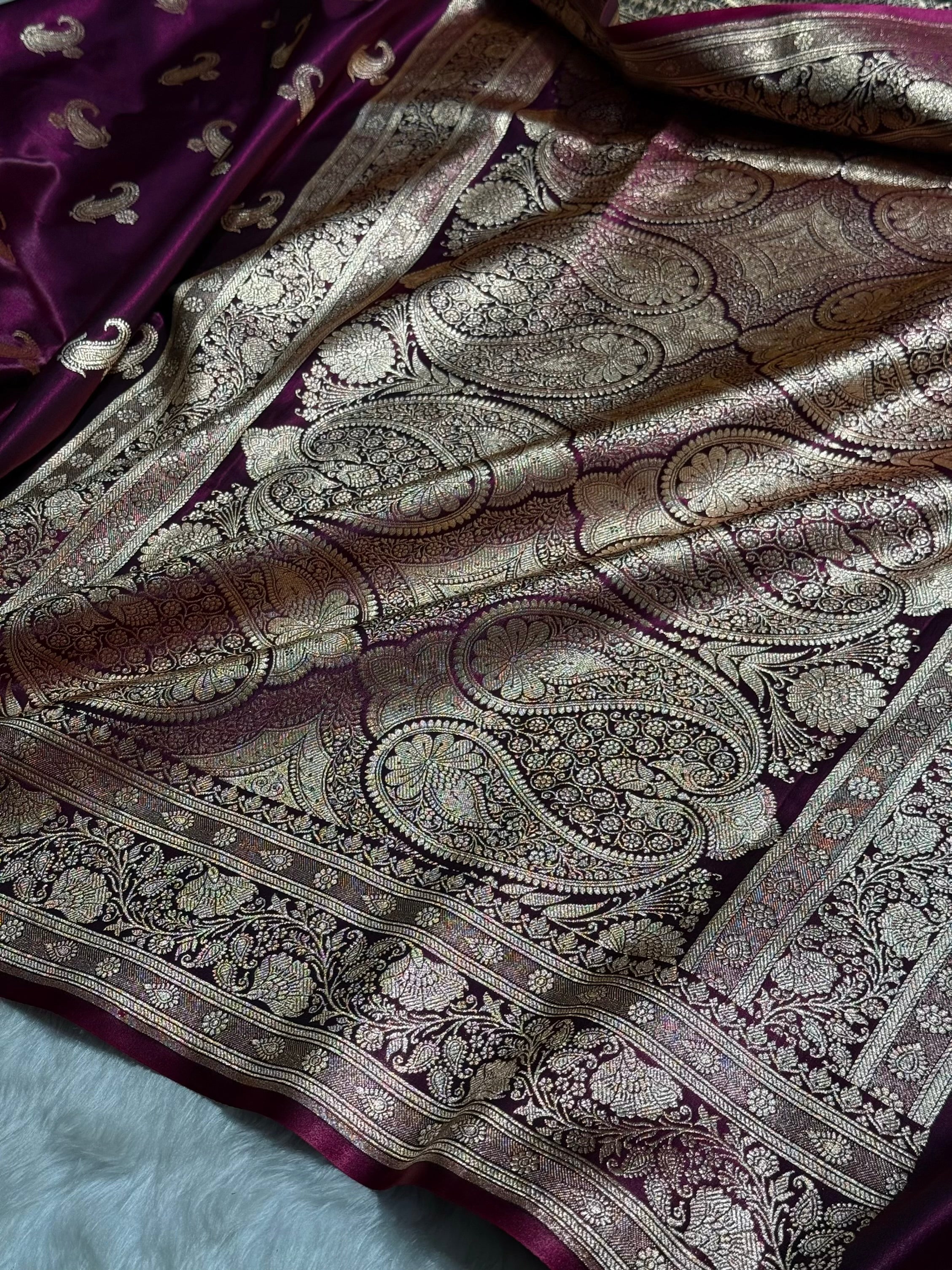 Satin Silk Saree Floral Boota in Wine Shades SS27