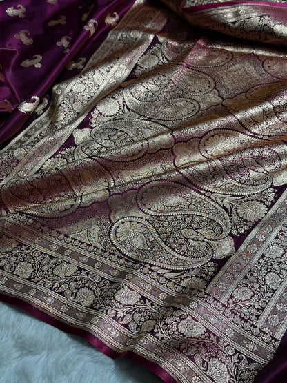 Satin Silk Saree Floral Boota in Wine Shades SS27