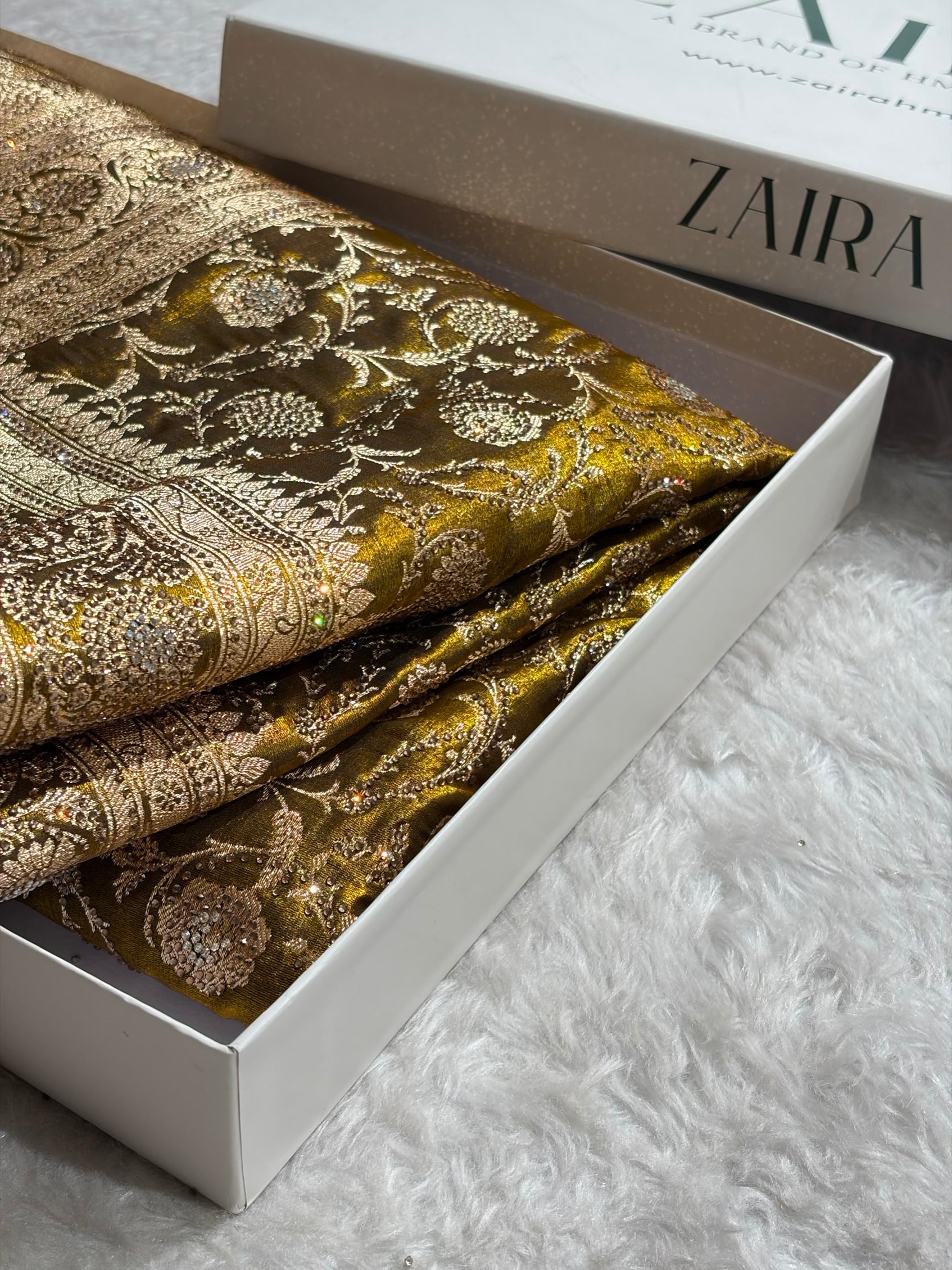 Ultra Light Weight Satin Silk Jaal With Swarovski Work in Mehendi Shades BSS13