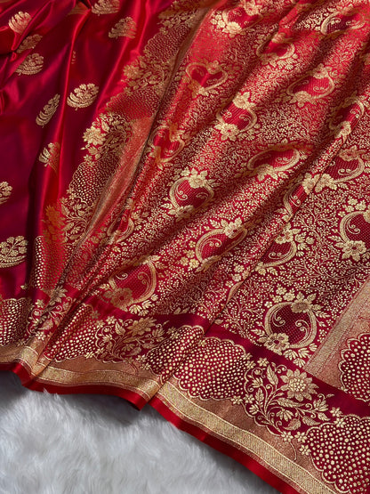 Reddish Magenta Unique Boota Pattern Satin Katan Silk Saree SK70