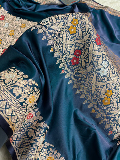 Dark Peacock Shades Banarasi Minakari Boota Skirt Pattern Floral Mashru Silk Saree MSM-116