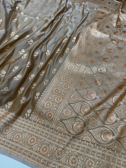 Beige Gold Floral Motif Satin Katan Silk Saree