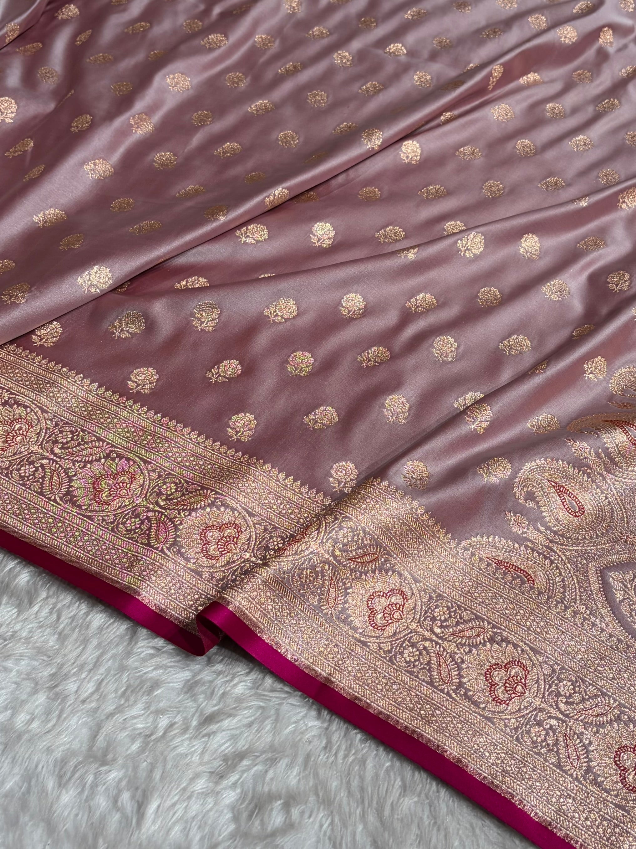Floral boota Satin katan Silk Saree In Rose Pink Shades SK12