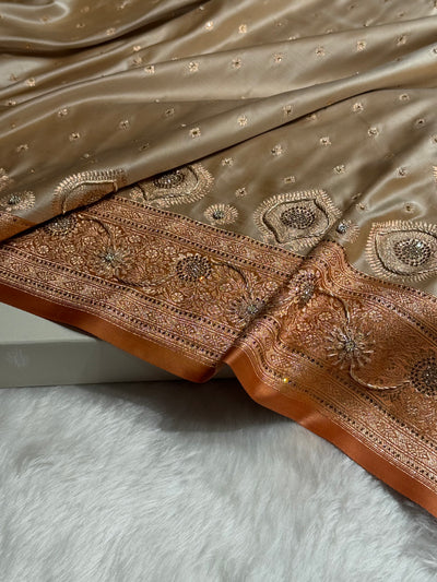 Mustard Tusser With Peach Booti With Ari & Zardozi Work Satin Katan Silk saree BSK29