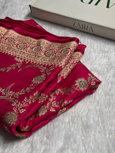 Rani Shades Swarovski Work Jaal Pattern Satin Silk Saree BSS18