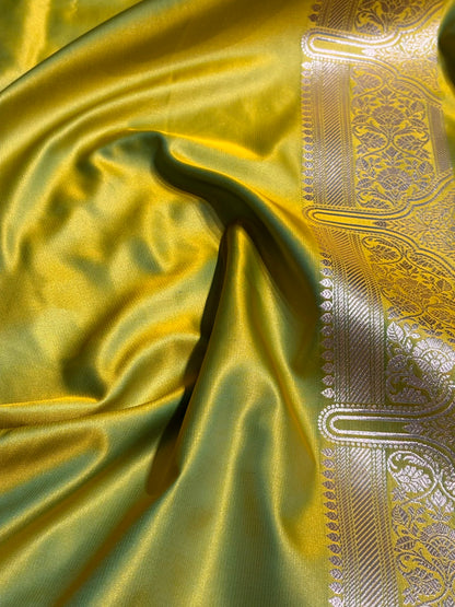 Lemon Pista Floral Boota With Floral Border Mashru Silk Saree MSM-80