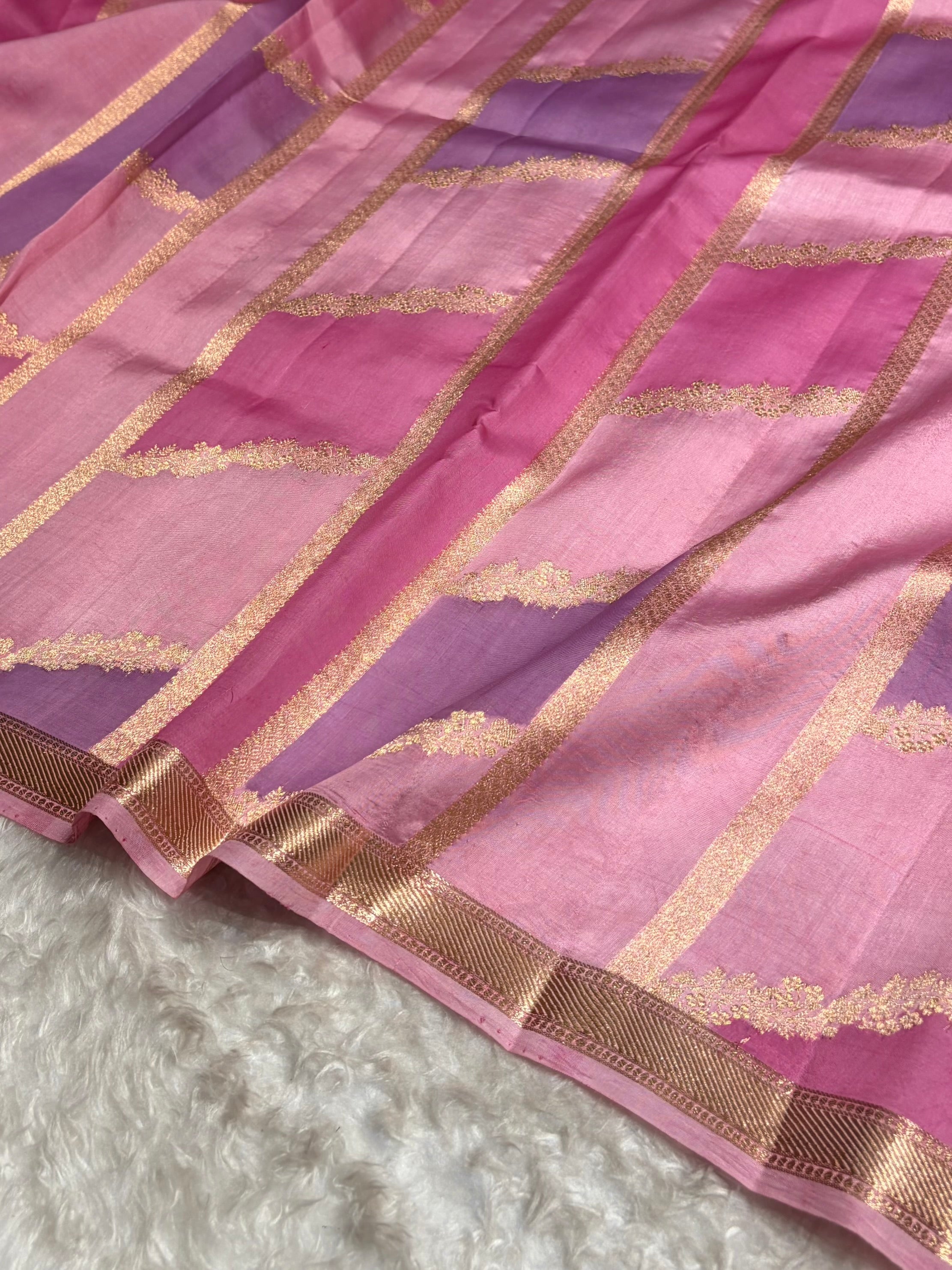 Banarasi Baby Pink Rangkat Shades Handwoven Pure Paper Silk  RM-68