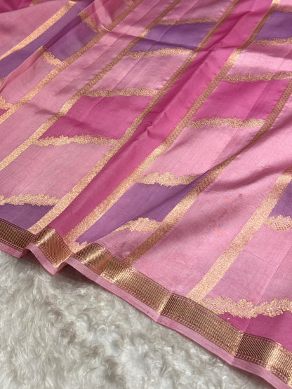 Banarasi Baby Pink Rangkat Shades Handwoven Pure Paper Silk  RM-68