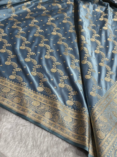 Banarasi Satin Katan Saree With Jaal Pattern in Sky Blue Shades SK121